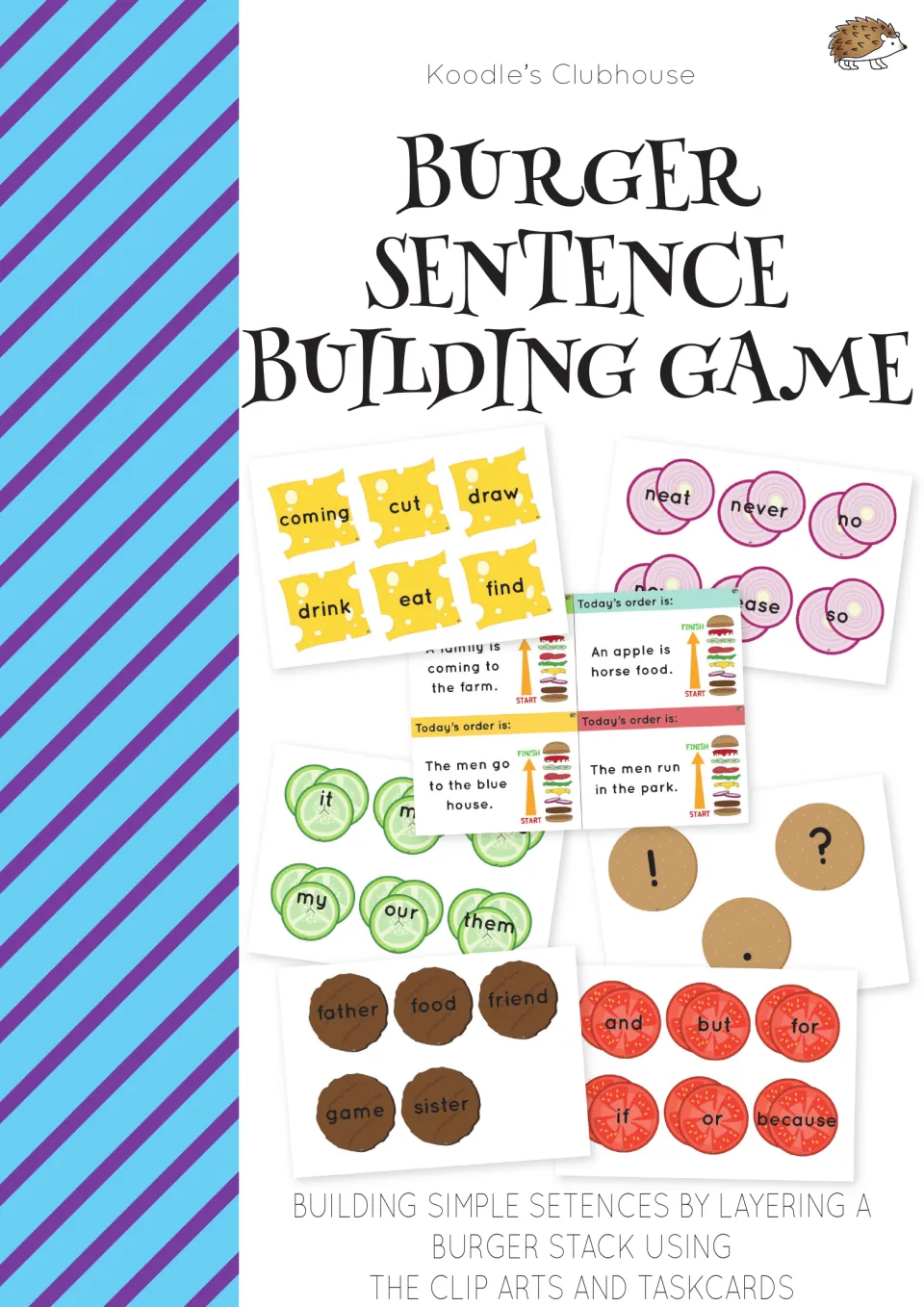 Burger Sentence Building Game cover: word clip art for buns, patties, cheese, onion and tomato, plus order task cards
