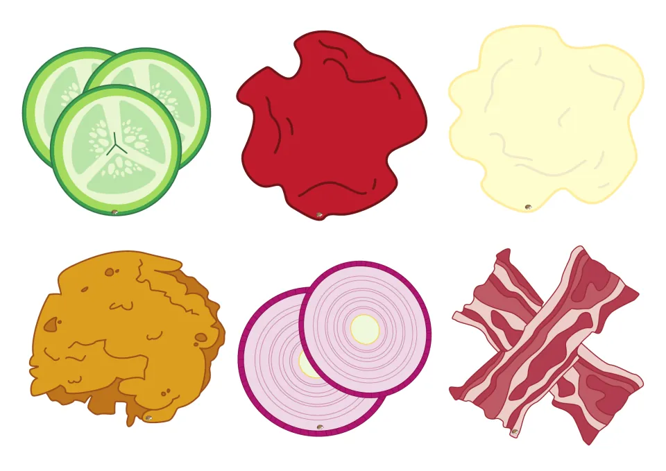 Plain topping clip art to cut out: cucumber slices, ketchup, mayonnaise, fried chicken, onion rings and bacon strips