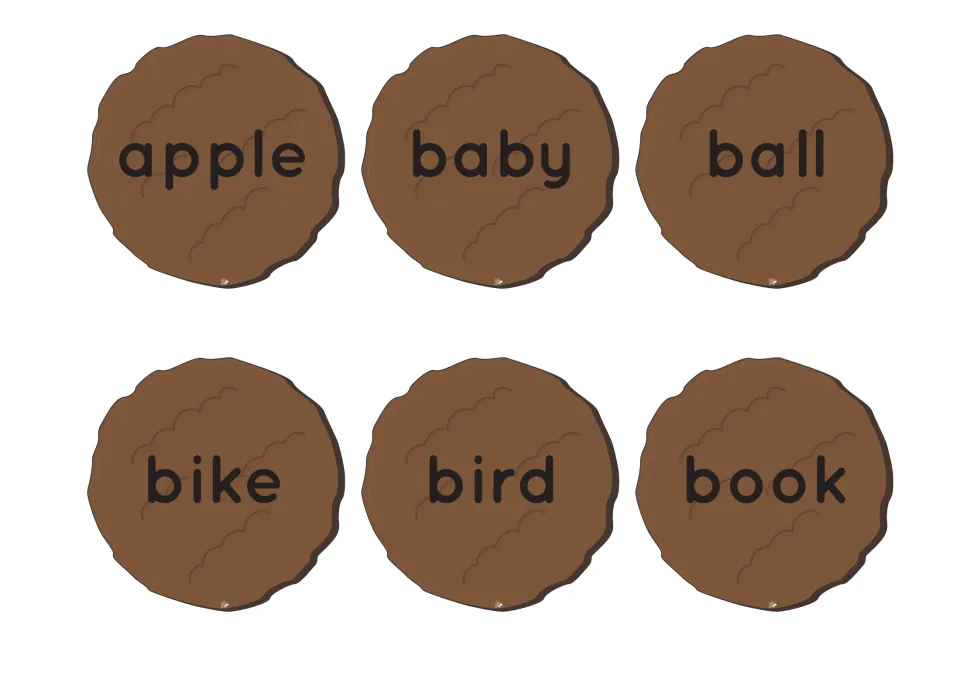 Noun patties labeled apple, baby, ball, bike, bird and book, to stack as the naming word in a burger sentence