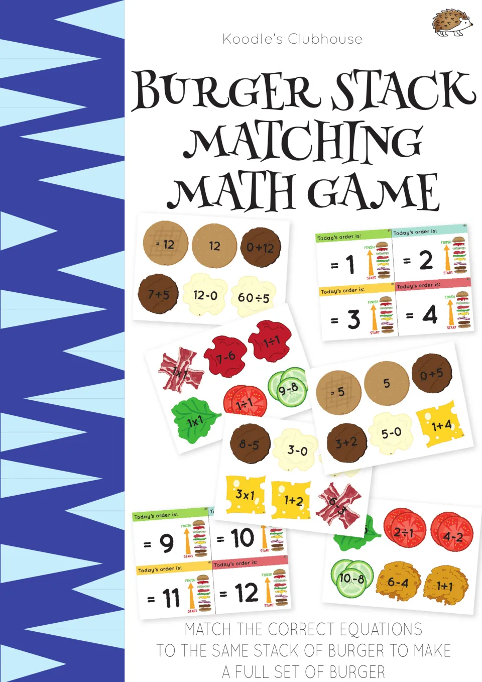 Burger Stack Matching Math Game cover: equation cards on buns, patties and fillings beside numbered order cards