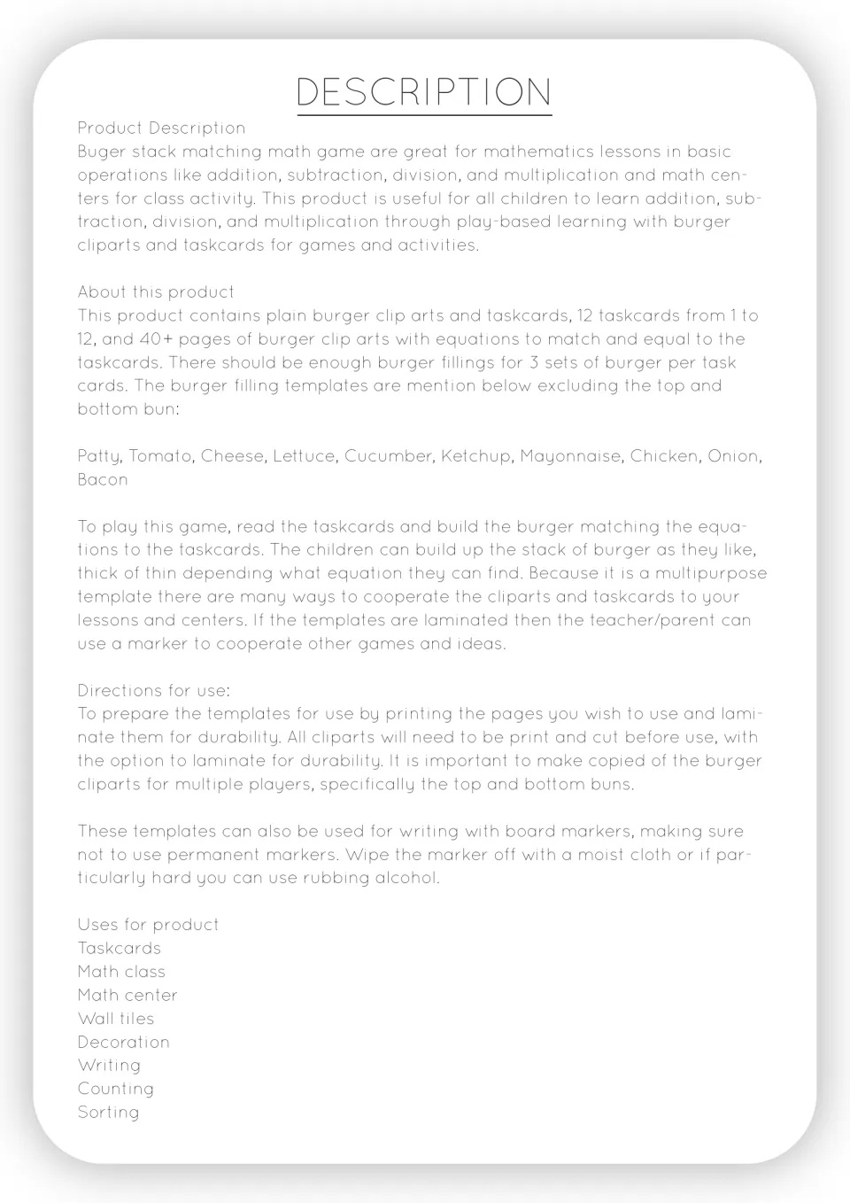 Product description: lists burger fillings, how to play by matching equations to task cards, and printing directions