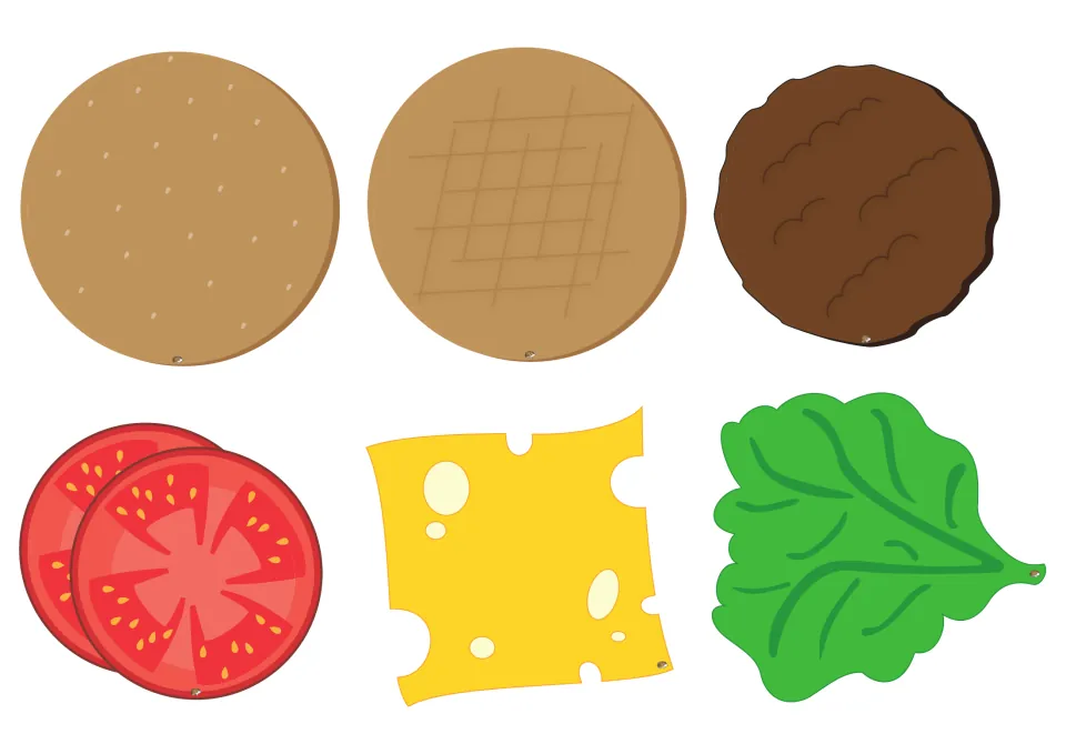 Blank burger clip art to cut out: top bun, bottom bun, patty, tomato slices, cheese slice and lettuce leaf