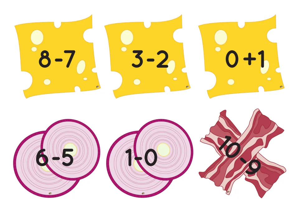More equals 1 fillings: cheese slices 8-7, 3-2 and 0+1, onion rings 6-5 and 1-0, and bacon 10-9 to stack on the 1 order