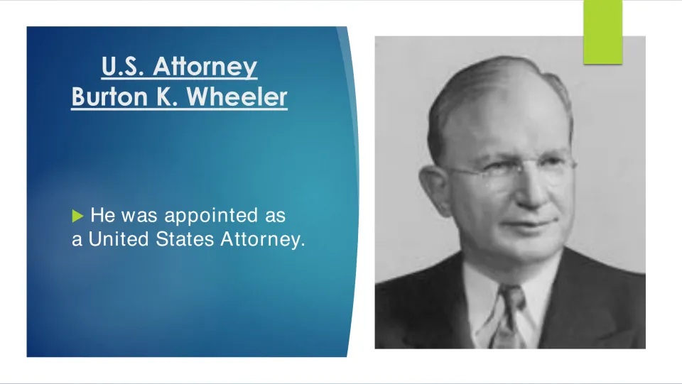 Political career slide announcing Wheeler’s appointment as a United States Attorney alongside his portrait