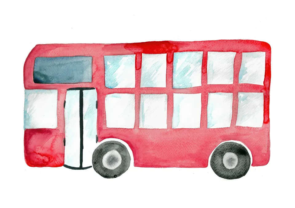 Bus poster base for the cut-and-paste math activity, showing a red double-decker bus with ten passenger windows.