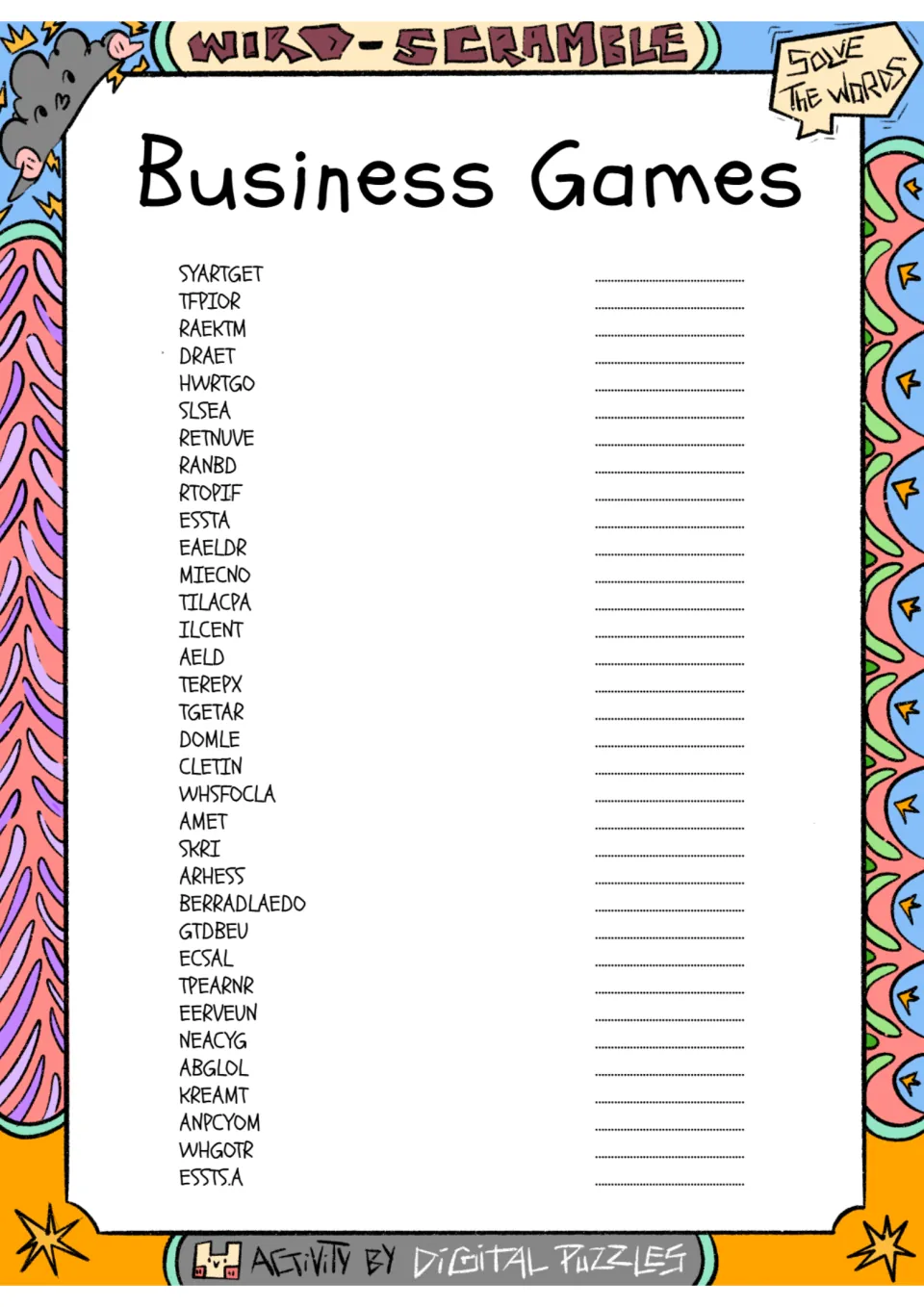 Business vocabulary word scramble: students unscramble 34 jumbled words such as SYARTGET and RAEKTM and write each one
