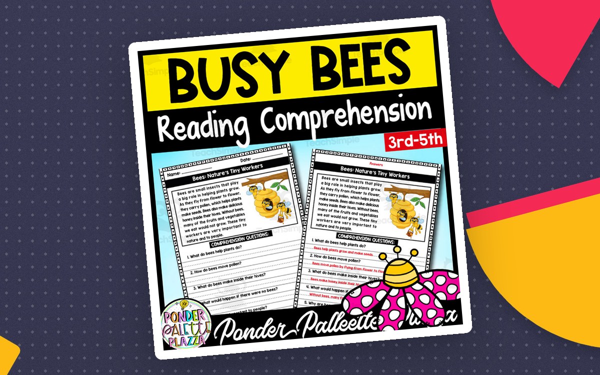 Busy Bees reading-comprehension cover with passage, questions, and answer-page previews.