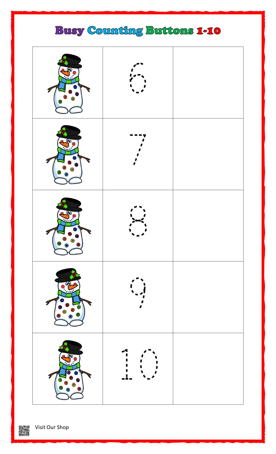 Counting 6 to 10: students count buttons on five more snowmen, trace each dotted numeral and write the number beside it