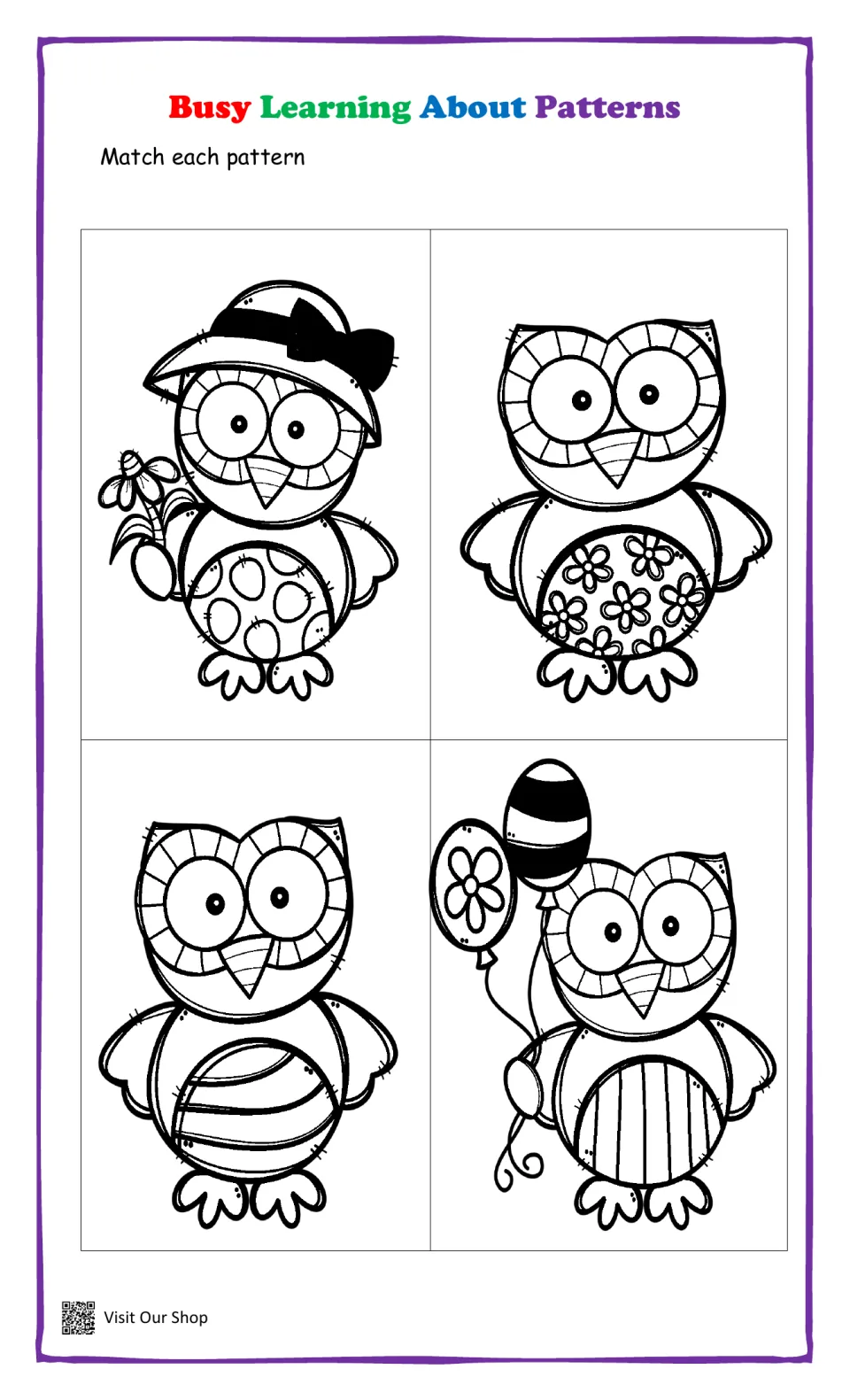 Pattern matching mat: students match owls with spotted, flowered, striped and vertical-stripe bellies to colored owls