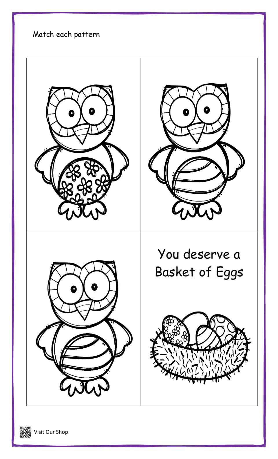 Match each pattern: three owls with flowered and striped bellies plus a 'You deserve a Basket of Eggs' egg nest picture