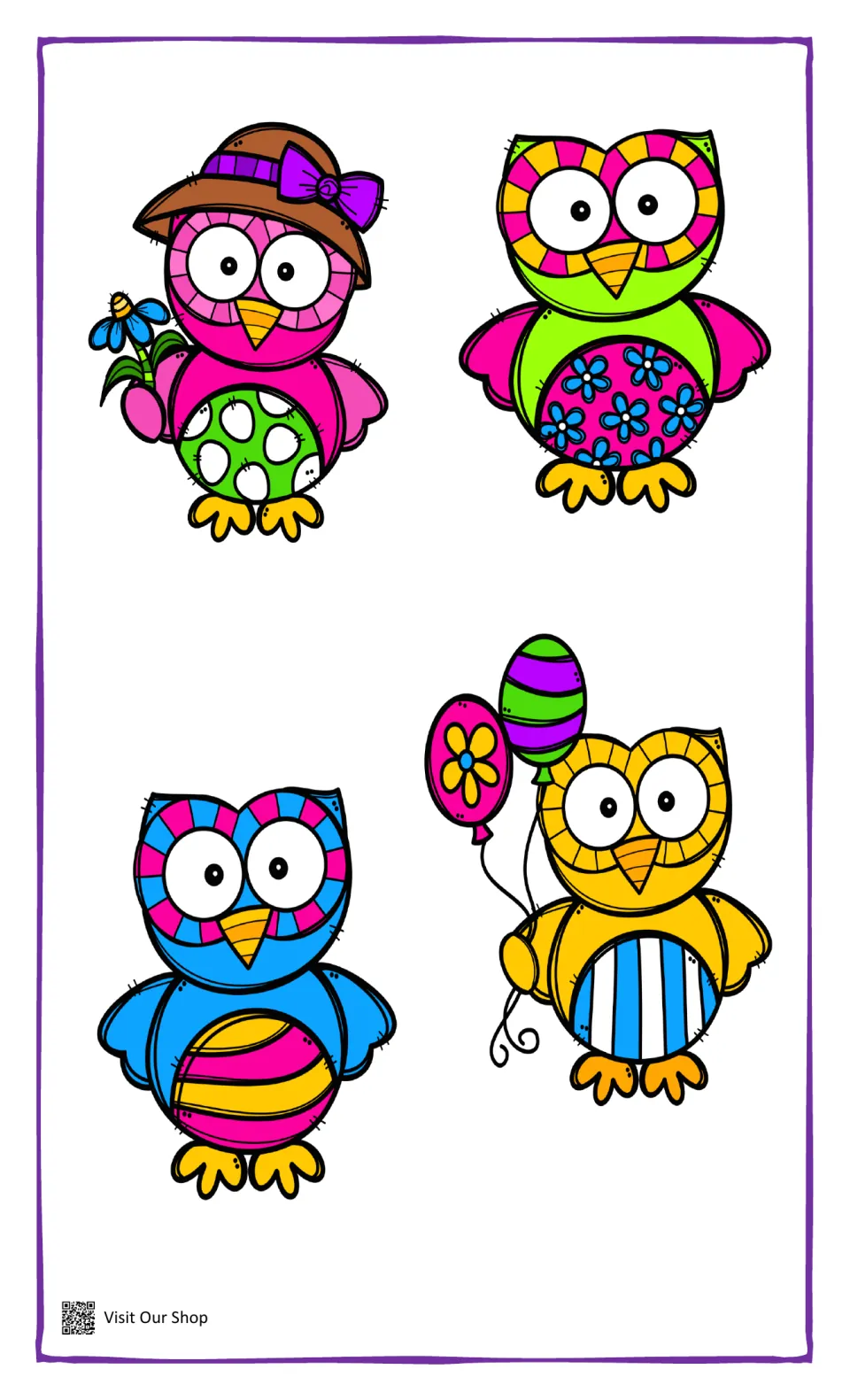 Colored owl matching cards: four owls with spotted, flowered and striped bellies, one in a hat, to pair by pattern