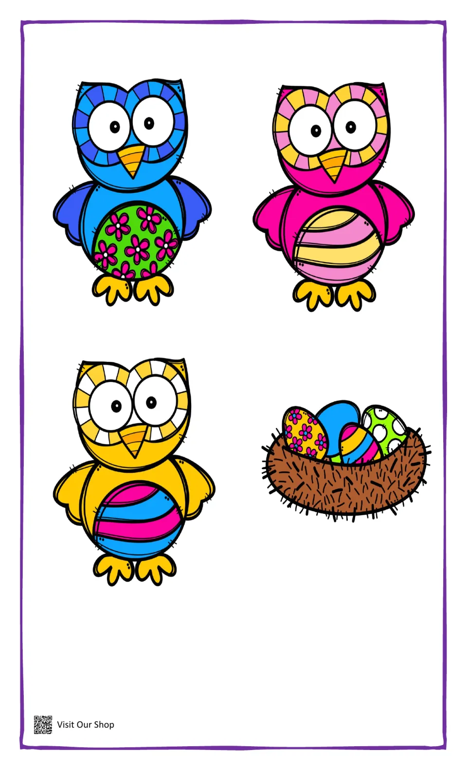 Colored cards: blue owl with flowered belly, pink and yellow owls with striped bellies, and a brown nest of patterned eggs