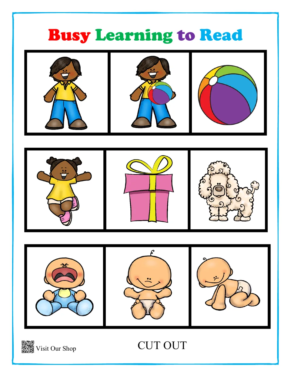 Cut-out sequencing pictures for the boy and ball, girl and puppy surprise, and crying baby stories, three cards each