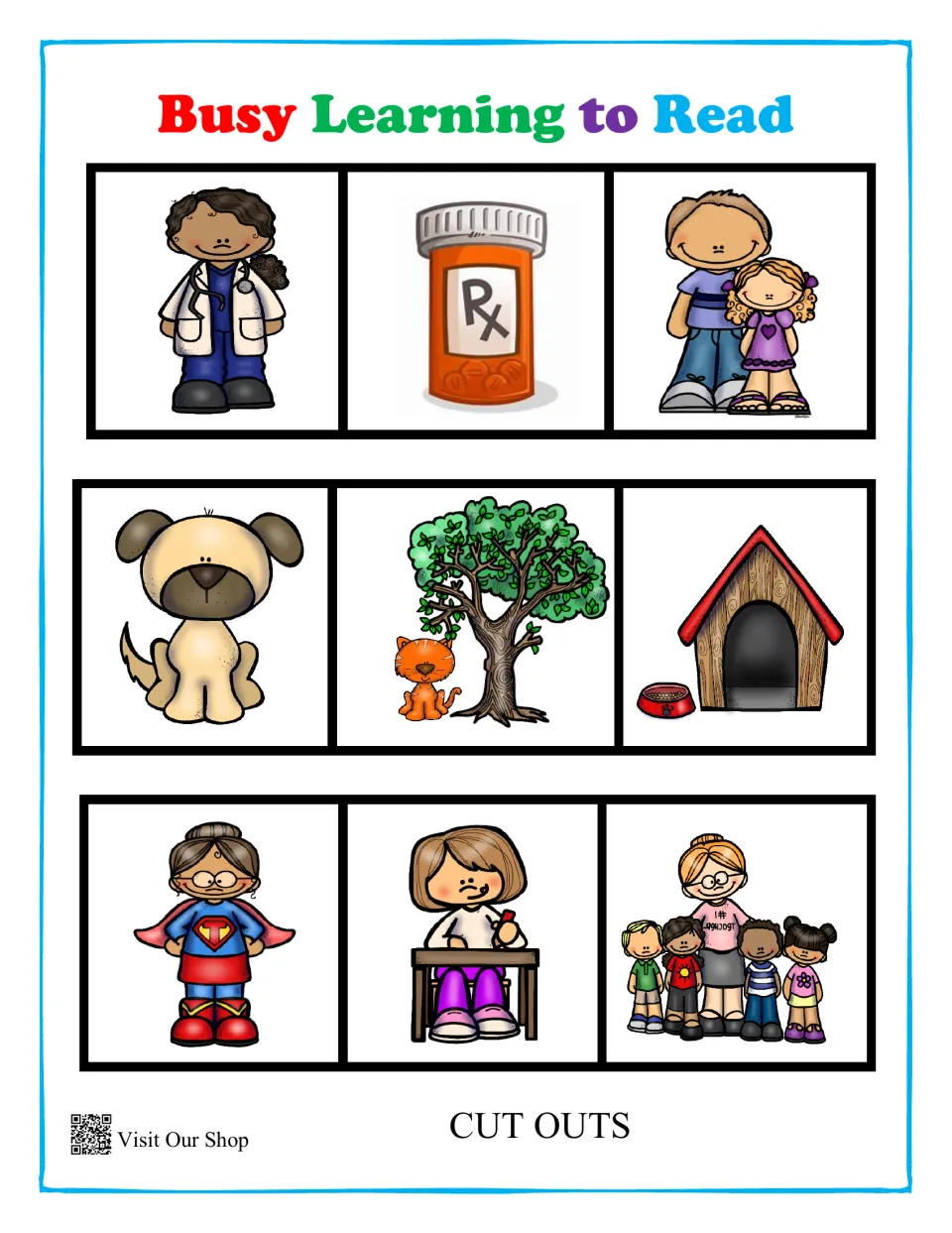 Cut-out sequencing pictures for the doctor, dog and cat, and teacher hero stories, such as medicine, a tree and a doghouse