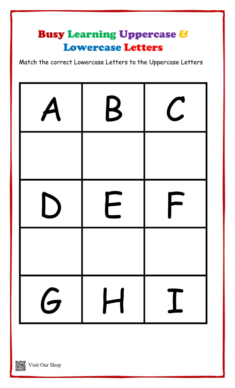 Letter matching A to I: students glue the matching lowercase letter in the empty space under each uppercase letter
