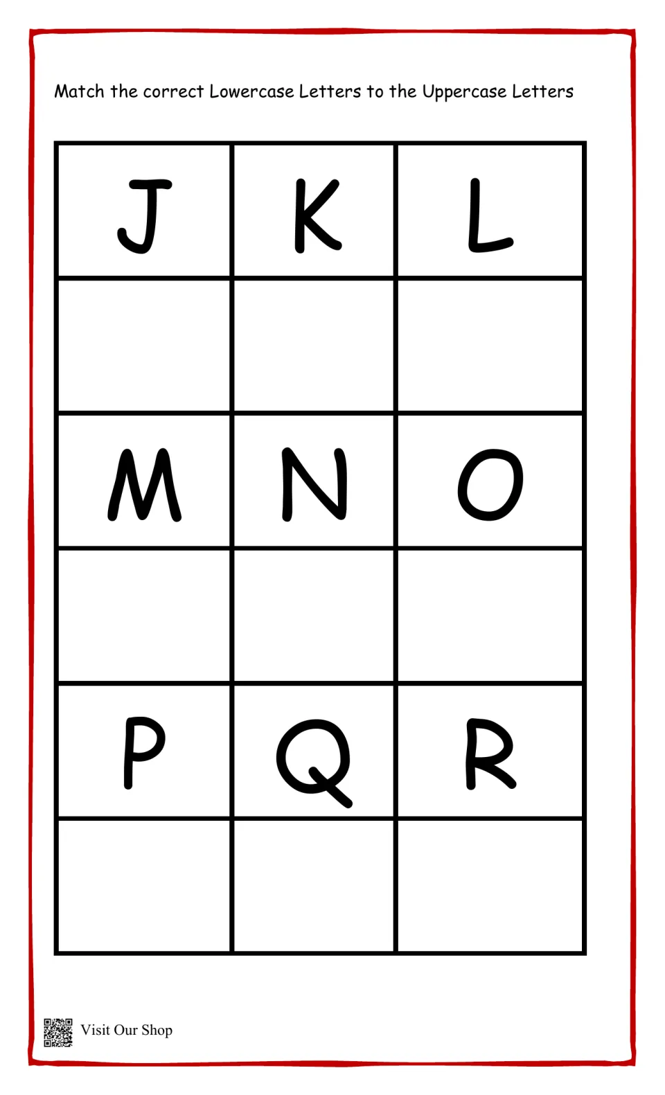 Uppercase J to R matching: students place the correct lowercase letter below each capital to pair letter forms