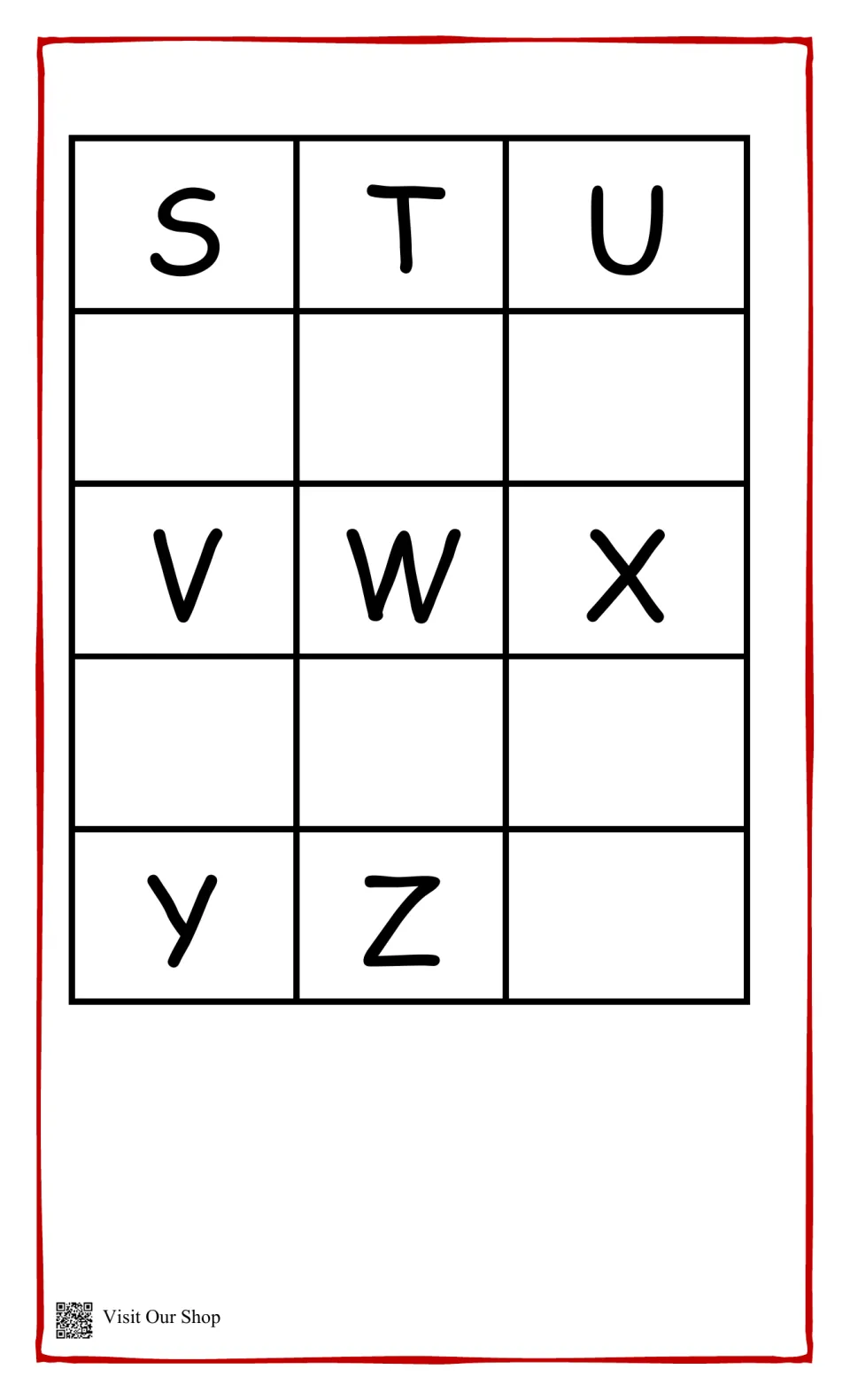 Uppercase S to Z matching: the last eight capitals, each with an empty spot for students to glue its lowercase partner