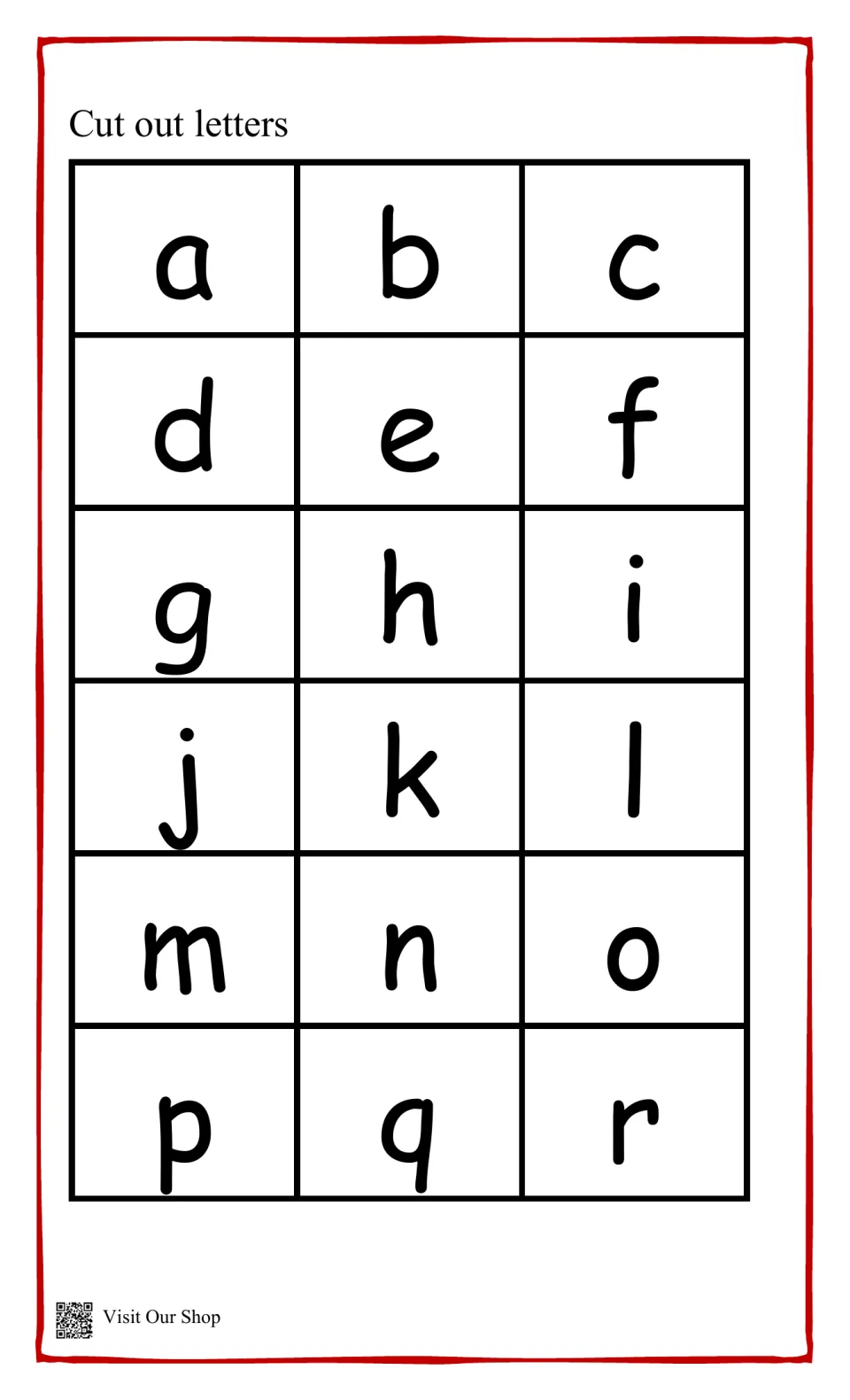 Cut out letters: lowercase a to r cards for students to cut apart and match to the uppercase letters on the earlier pages
