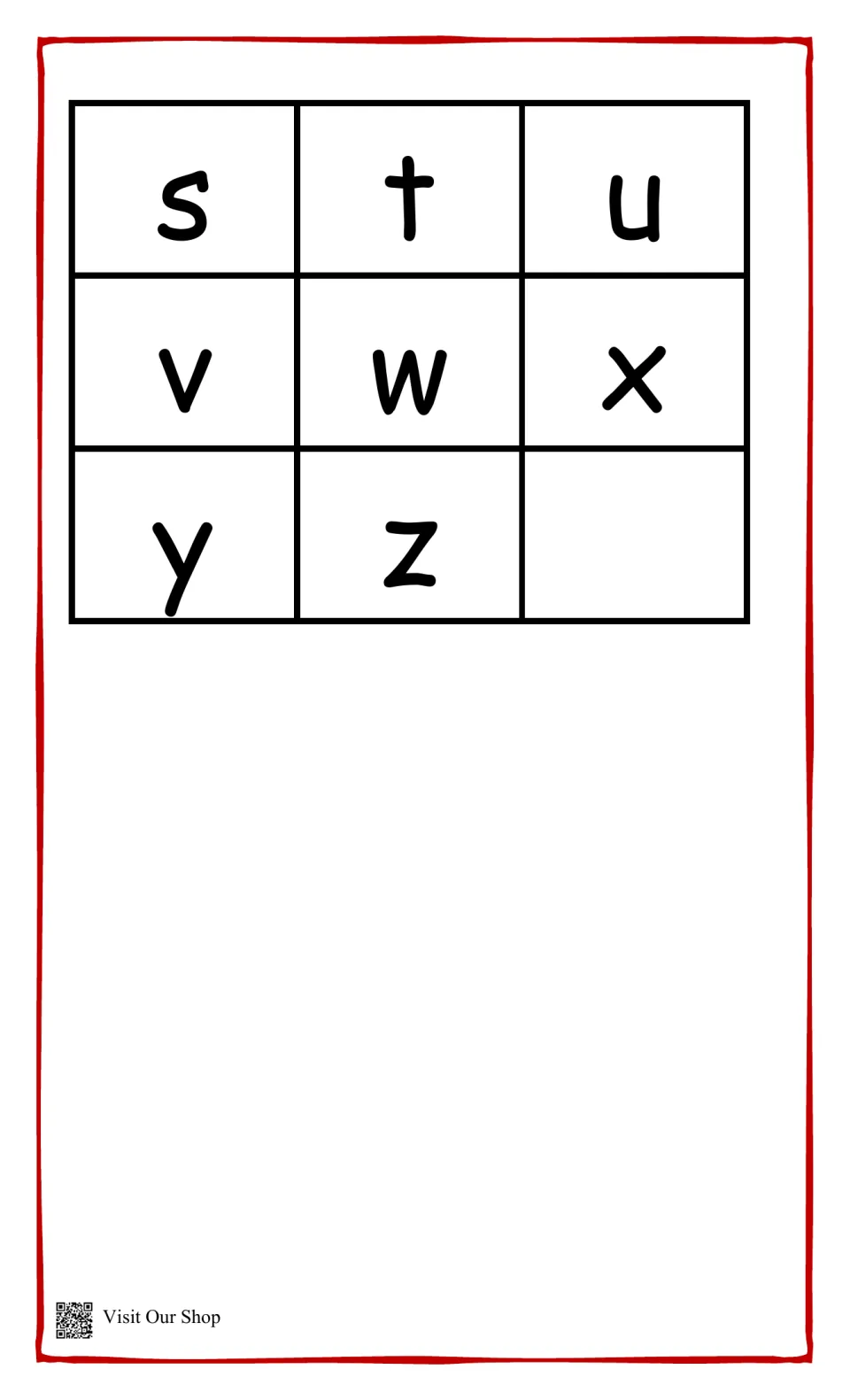 Lowercase s to z cut-out pieces that finish the set of letter cards students cut apart for the uppercase matching pages