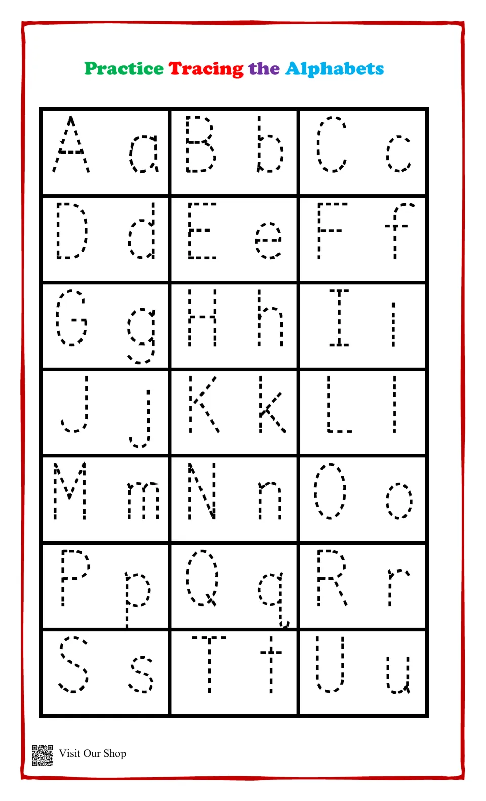 Practice Tracing the Alphabets: students trace dotted uppercase and lowercase pairs from Aa to Uu for letter formation