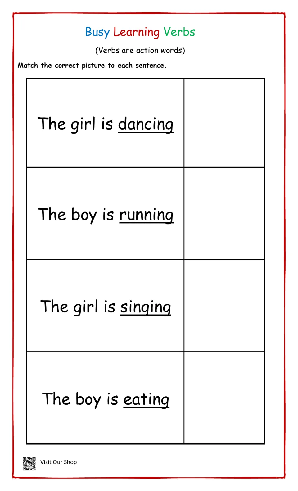 Action verbs: students match a picture to each sentence: a girl dancing, a boy running, a girl singing, a boy eating