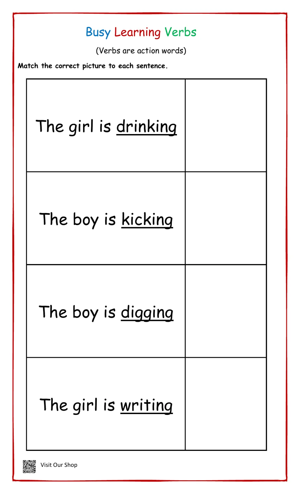 Action verbs: students match pictures to sentences about a girl drinking, a boy kicking, a boy digging, a girl writing