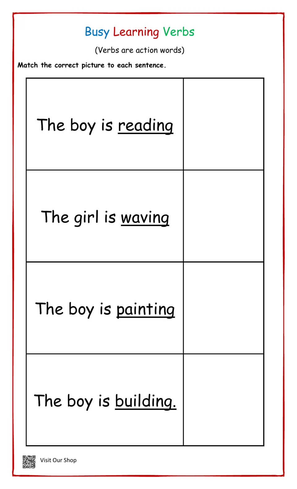 Action verbs: students match pictures to sentences about a boy reading, a girl waving, a boy painting, a boy building