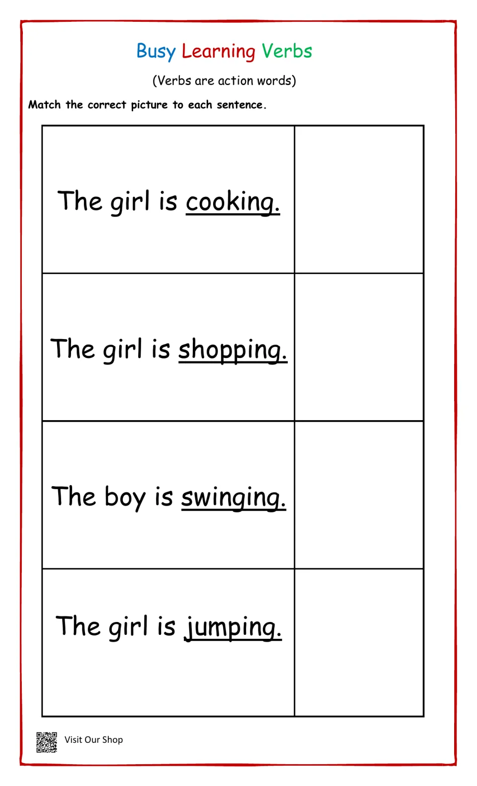 Action verbs: students match pictures to sentences about a girl cooking, a girl shopping, a boy swinging, a girl jumping
