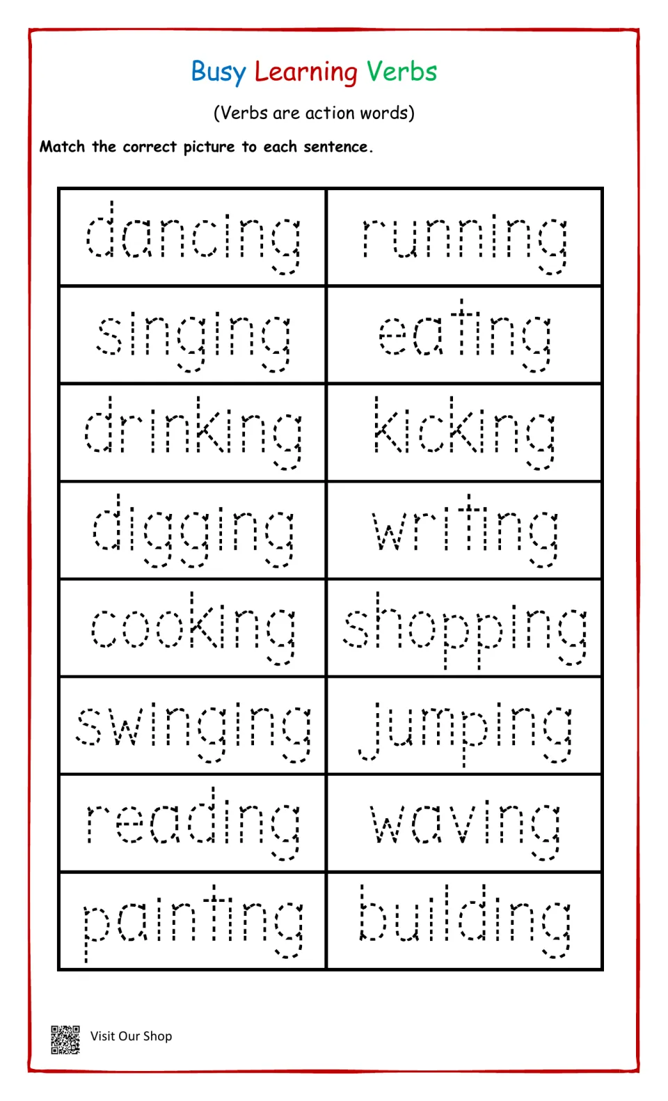Verb tracing: students trace 16 dotted -ing action words, from dancing and singing to painting and building