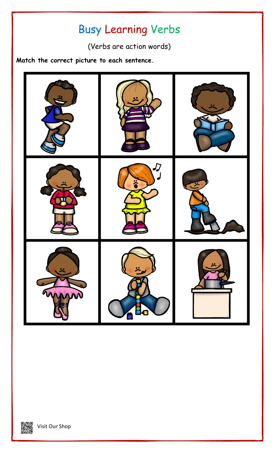 Verb cards to cut out: children running, waving, reading, drinking, singing, digging, dancing, building and cooking