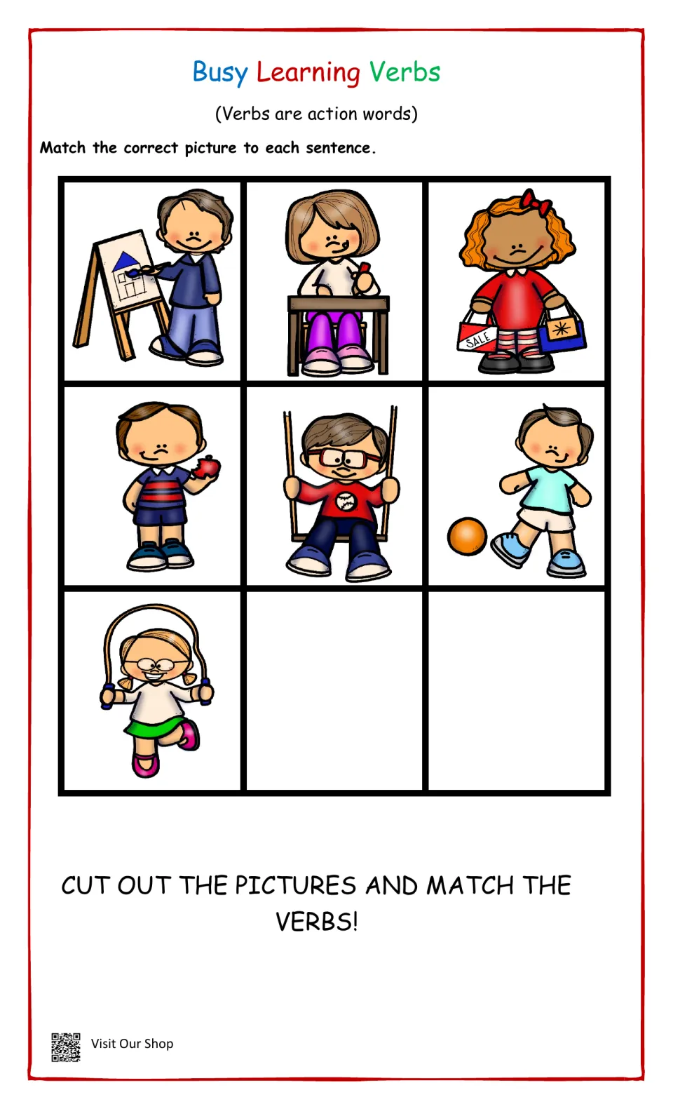 More verb cards to cut out: children painting, writing, shopping, eating, swinging, kicking and jumping rope