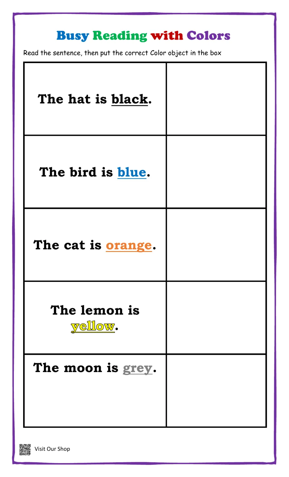 Color word reading: students read 5 sentences like The hat is black and The bird is blue, then place the matching picture