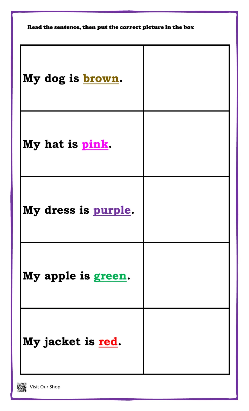 Color sentences: students read My dog is brown, My hat is pink, plus purple, green and red items, then match a picture