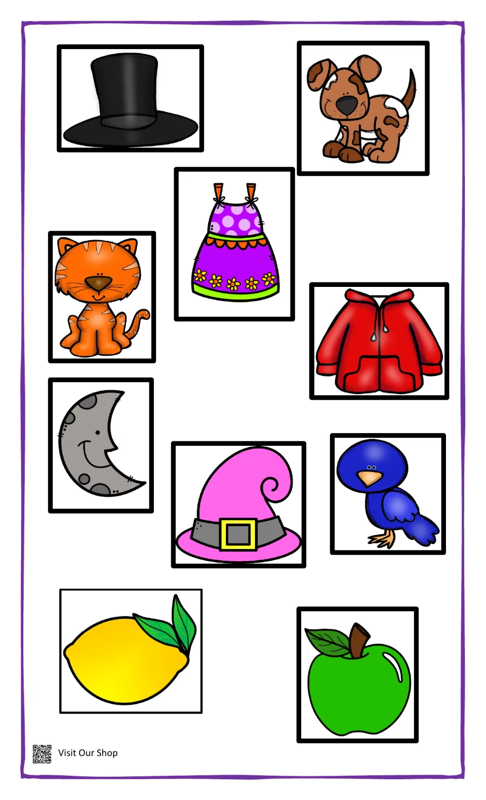 Ten picture cards to cut out and match to the sentences, including a black hat, orange cat, grey moon and green apple