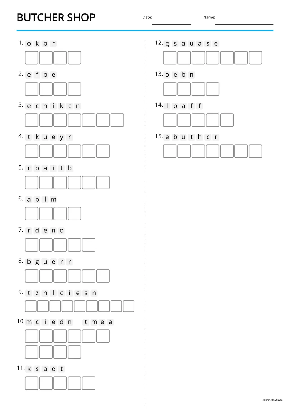 Meat vocabulary anagrams: students unscramble 15 words such as okpr, efbe and ebuthcr into pork, beef and butcher