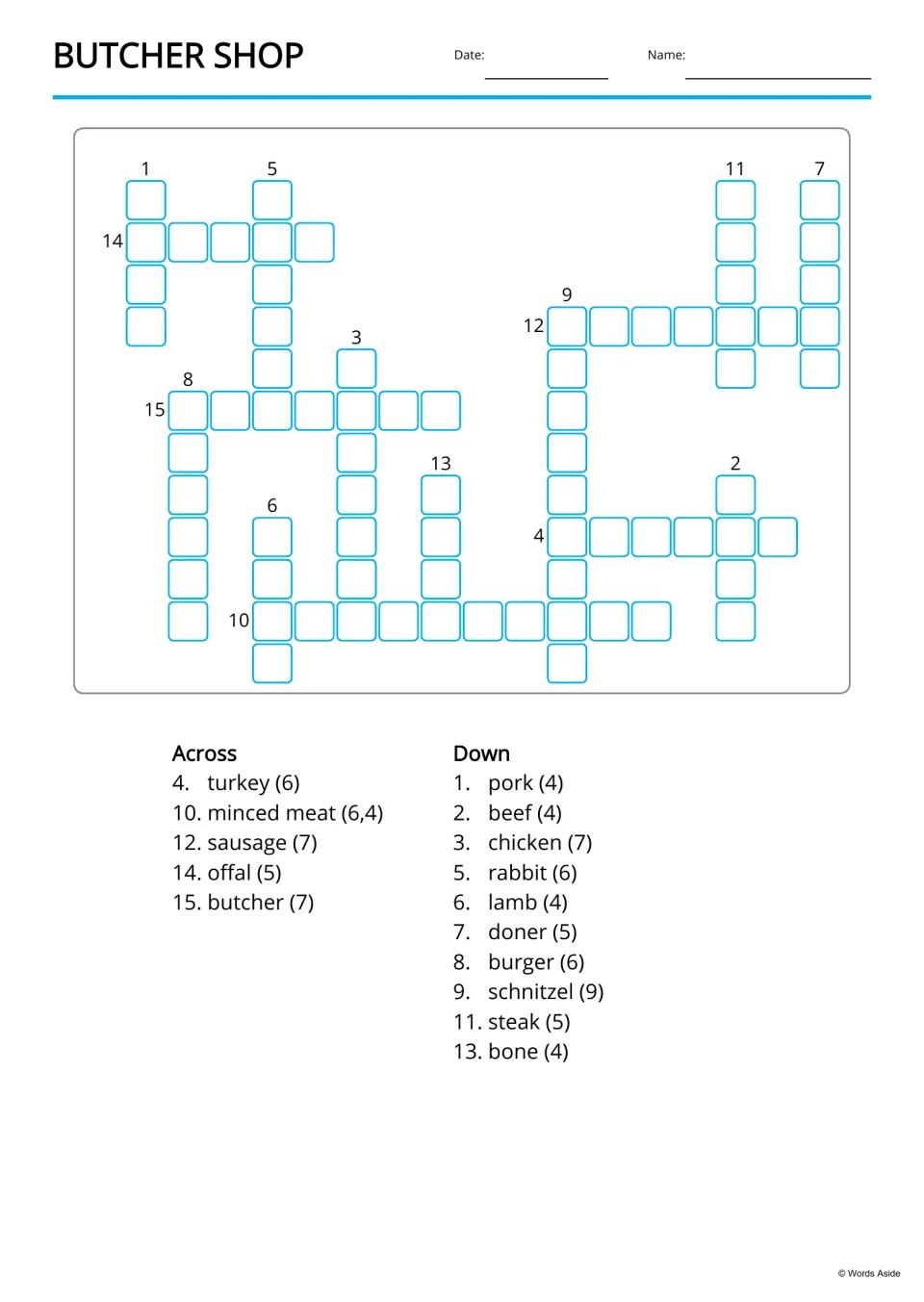 Butcher shop crossword: students fill in 15 meat words from Across and Down clues like turkey (6) and minced meat (6,4)