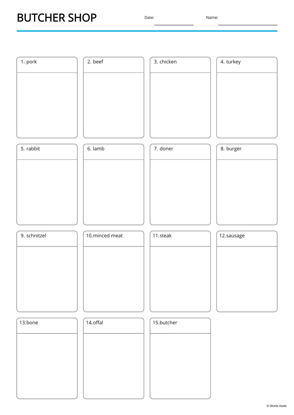 Picture-word page: students add a picture for each of 15 meat words, from pork, beef and chicken to offal and butcher