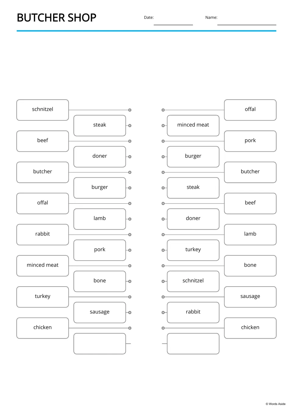 Meat word matching: students join each word on the left, such as schnitzel or beef, to the same word on the right