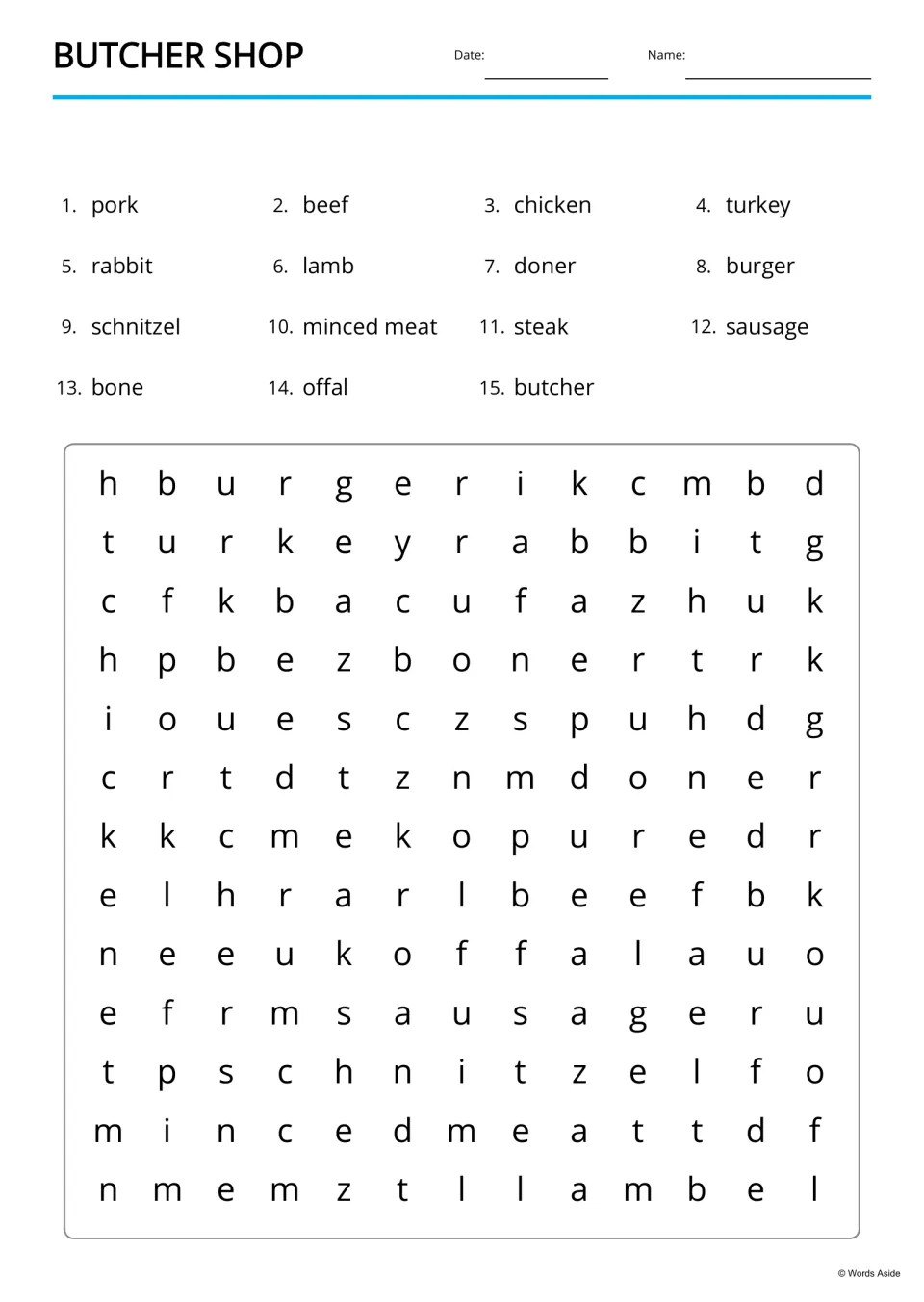 Meat word search: students find pork, beef, chicken, schnitzel, minced meat and 10 more words hidden in a letter puzzle