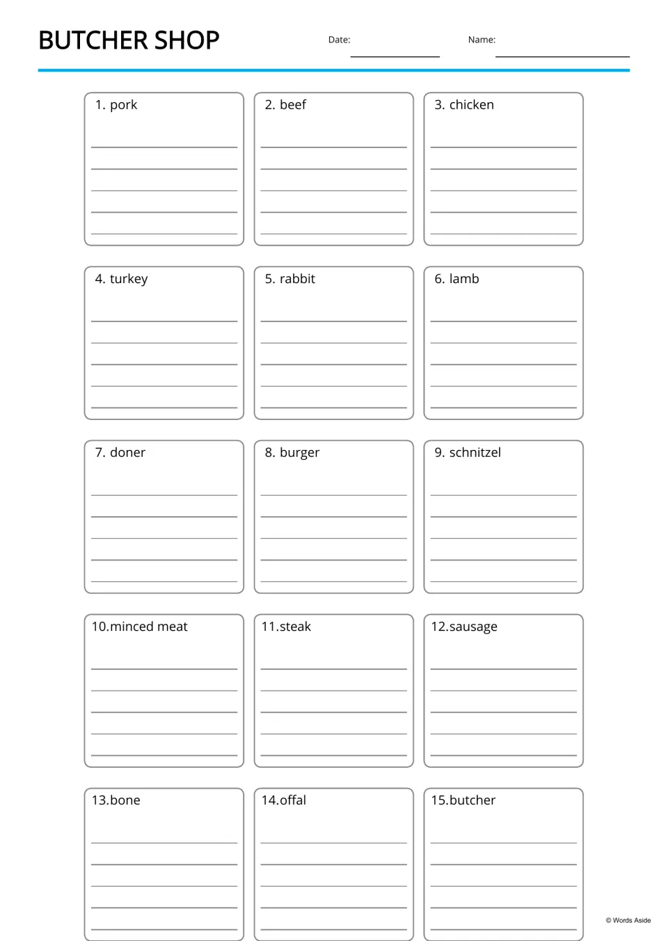 Writing page: students write on lines under each of 15 meat word headings, from pork and beef to offal and butcher