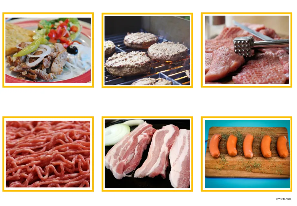 Picture cards showing a doner plate, grilled burgers, meat being tenderized, minced meat, raw pork slices and sausages