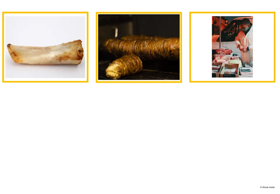 Picture cards with a roasted bone, grilled meat rolls and a butcher in a white coat cutting meat at a market stall
