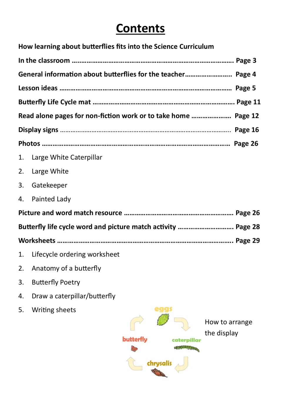 Contents list: teacher notes, lesson ideas, life cycle mat, display signs, photos, word match and worksheets