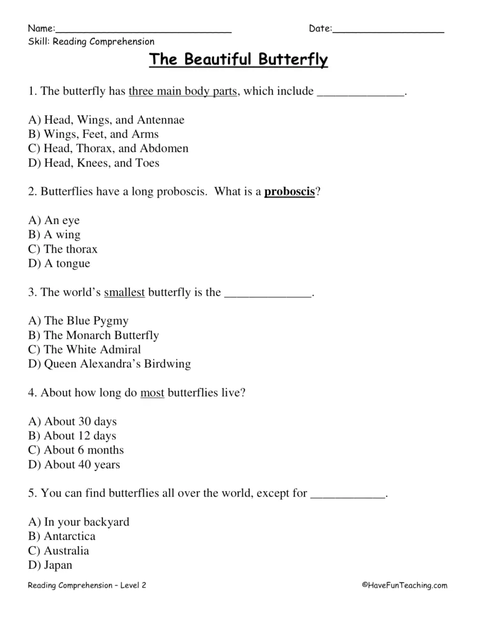 Five multiple-choice questions about butterfly body parts, the proboscis, size, lifespan, and habitat.