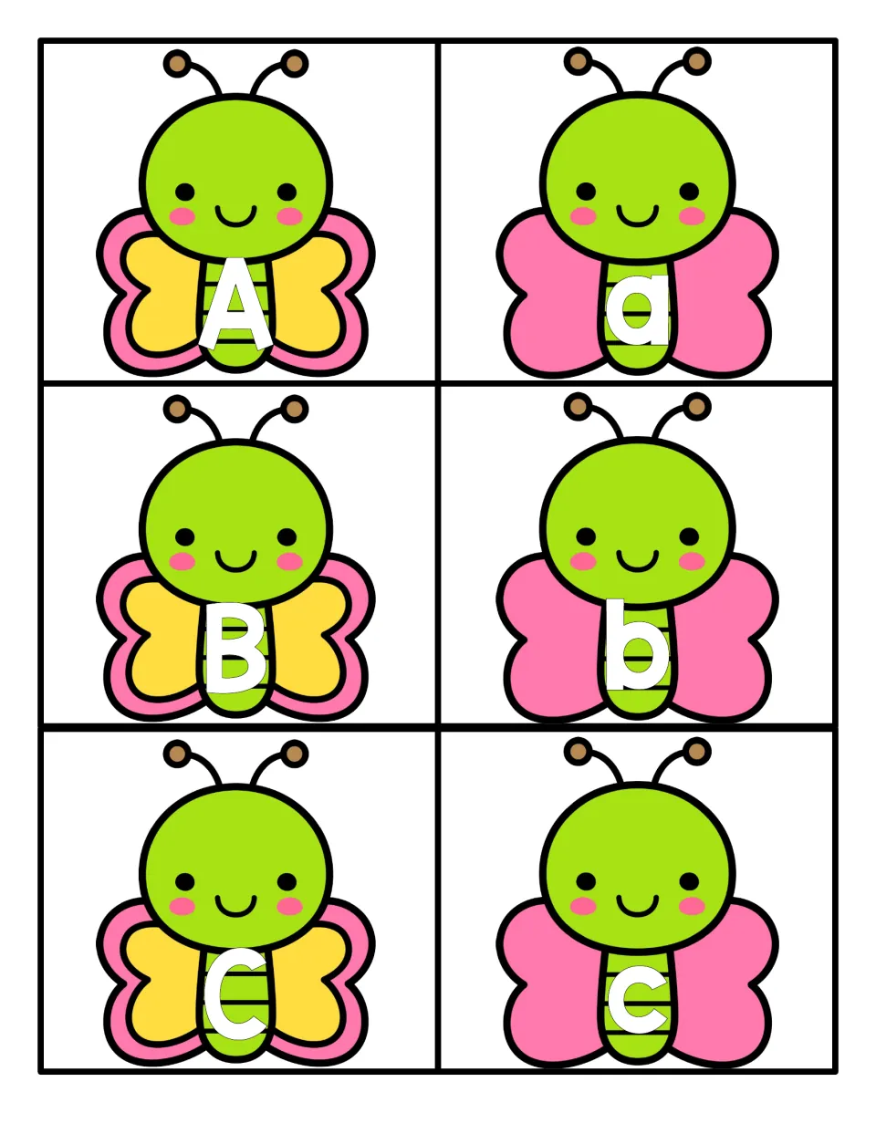 Letters A, B and C: six butterfly cards pair each uppercase letter on yellow wings with its lowercase on pink wings