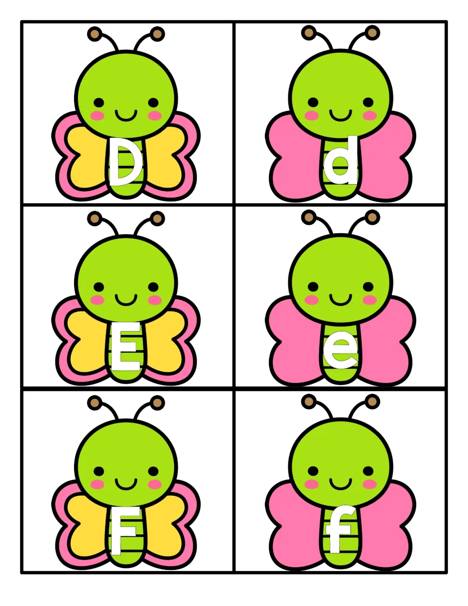 Letters D, E and F: butterfly cards with capitals on yellow wings and lowercase d, e, f on pink for letter matching