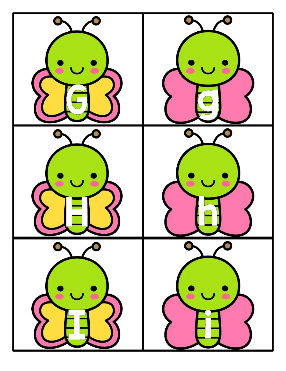 Letters G, H and I: butterfly cards for matching uppercase G, H, I with lowercase g, h, i on pink-winged butterflies