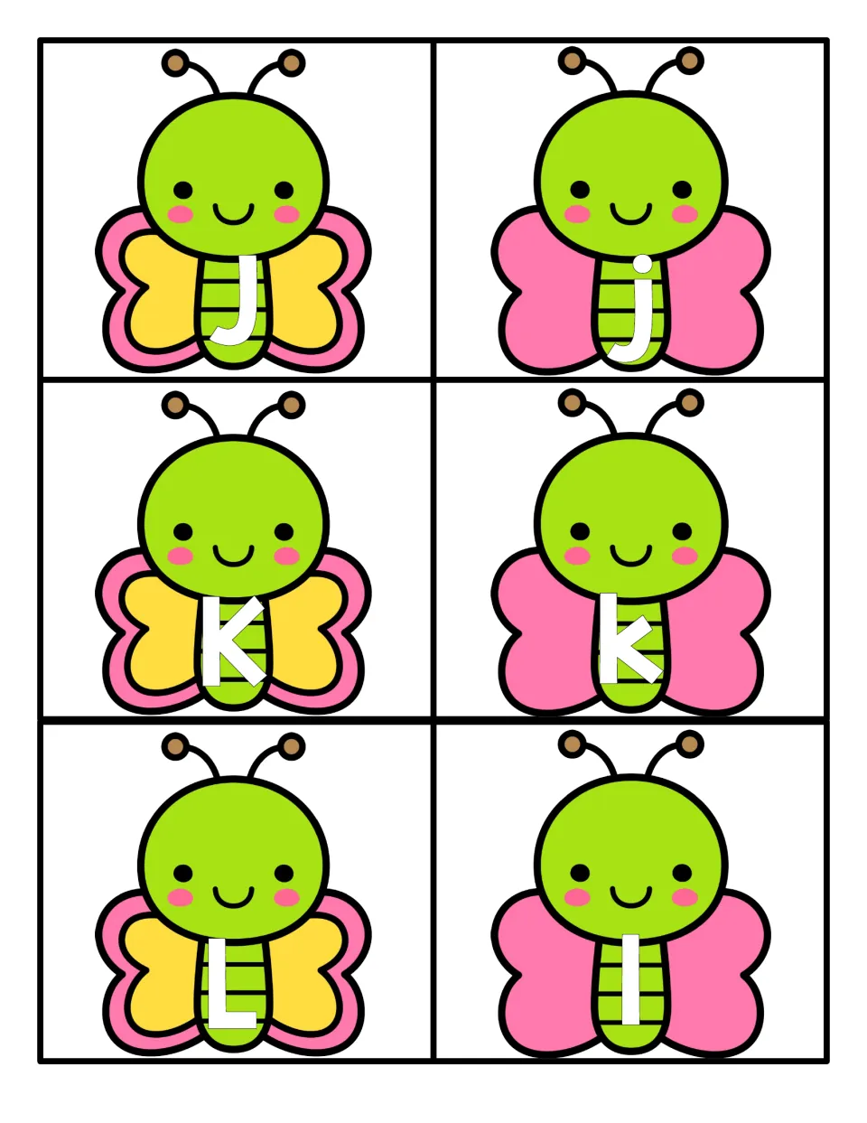 Letters J, K and L: butterfly cards pairing capital J, K, L with lowercase j, k, l so children match by case