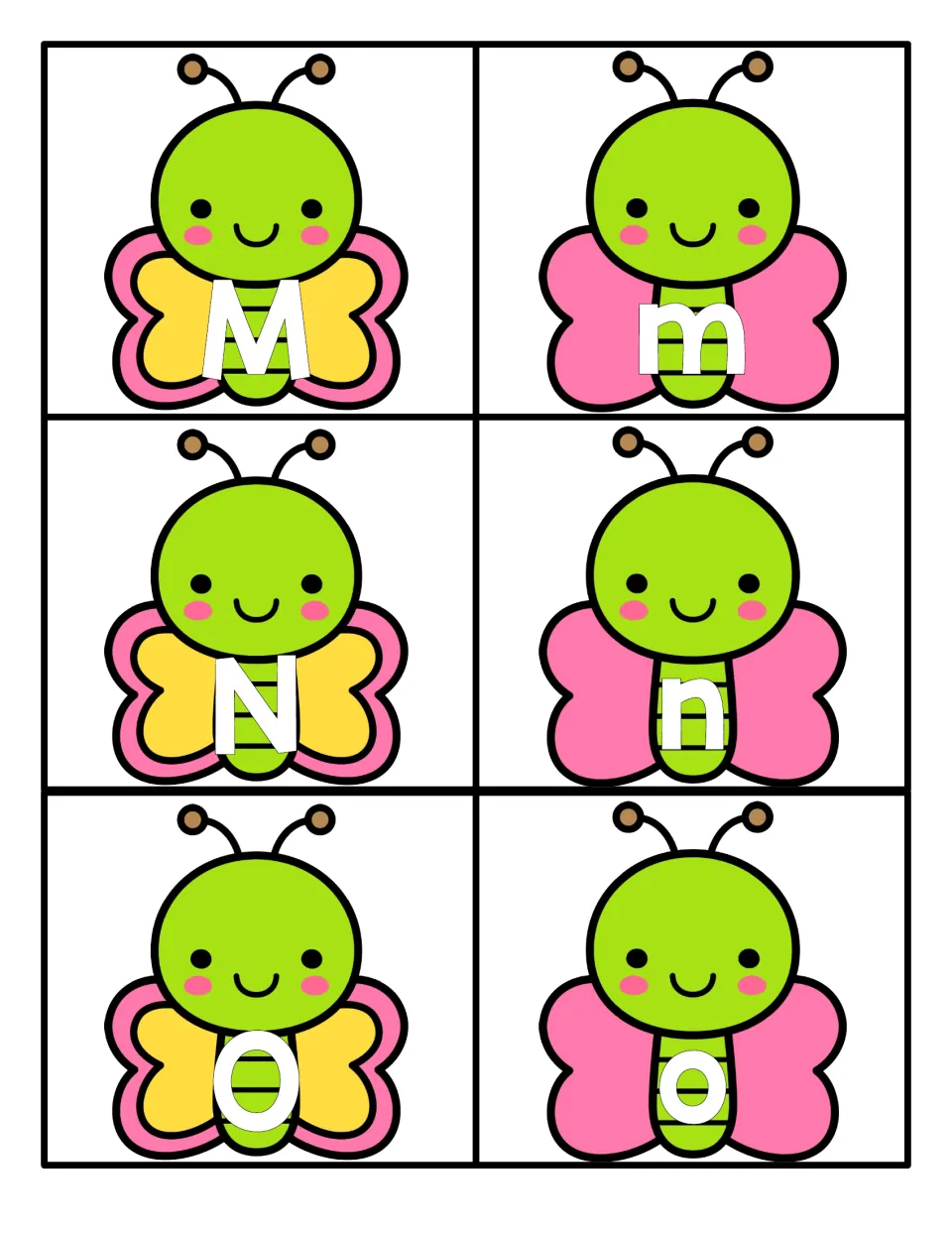 Letters M, N and O: butterflies with capitals on yellow wings and lowercase m, n, o on pink, for case matching