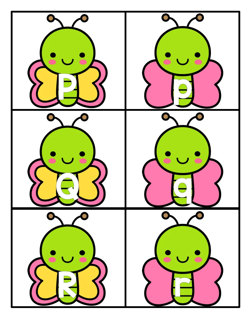 Letters P, Q and R: butterfly cards to match capital P, Q, R with lowercase p, q, r, including easily confused p and q